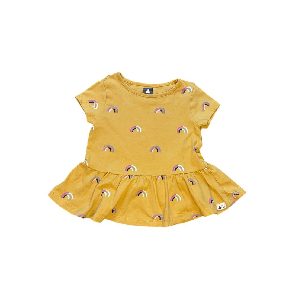 Baby Gap Girls 2T Yellow Rainbow Print Peplum Top Short Sleeve Organic Cotton